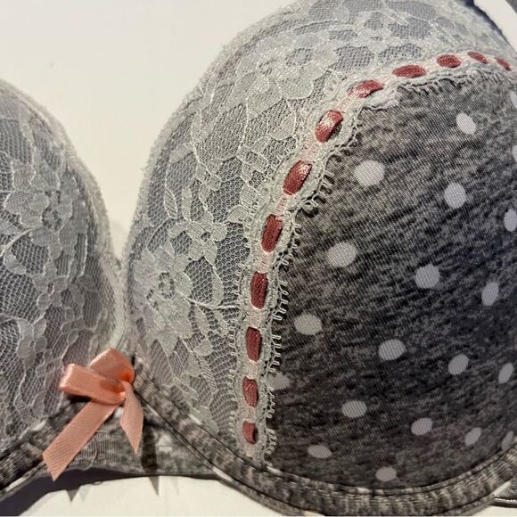 Body Embrace Bra 36C Push up Underwire, padded Gray white polka dots pink trim - Picture 7 of 8
